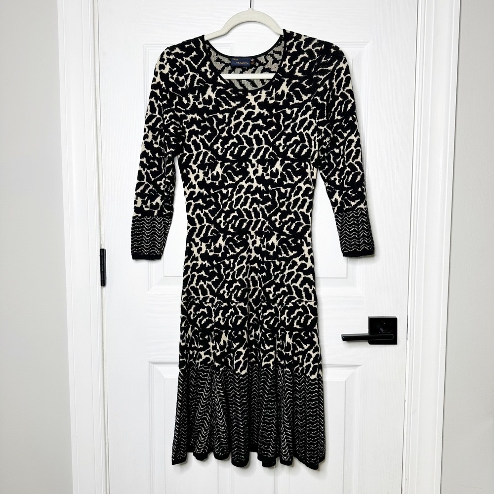 Just Taylor 3/4 Sleeve Sweater Dress Black Cream Fit & Flare Size M